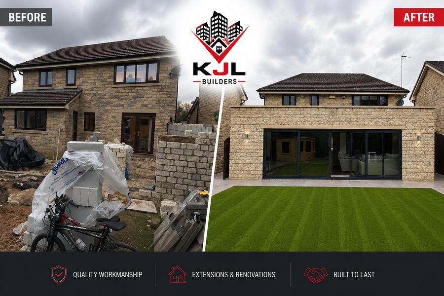 Stone rear kitchen extension, before and after, completed by KJL Builders