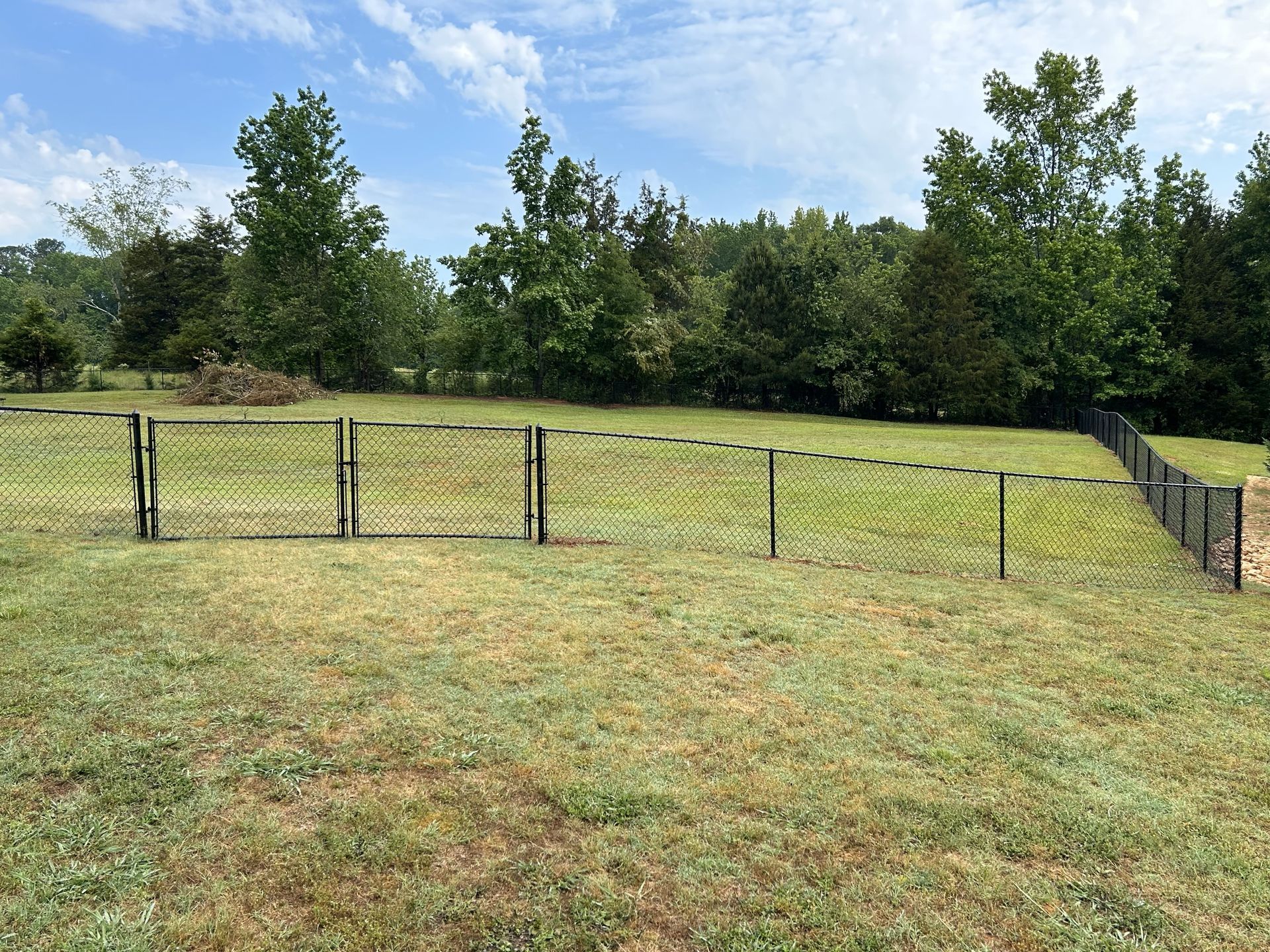 A chain link fence surrounds a grassy field with trees in the background.