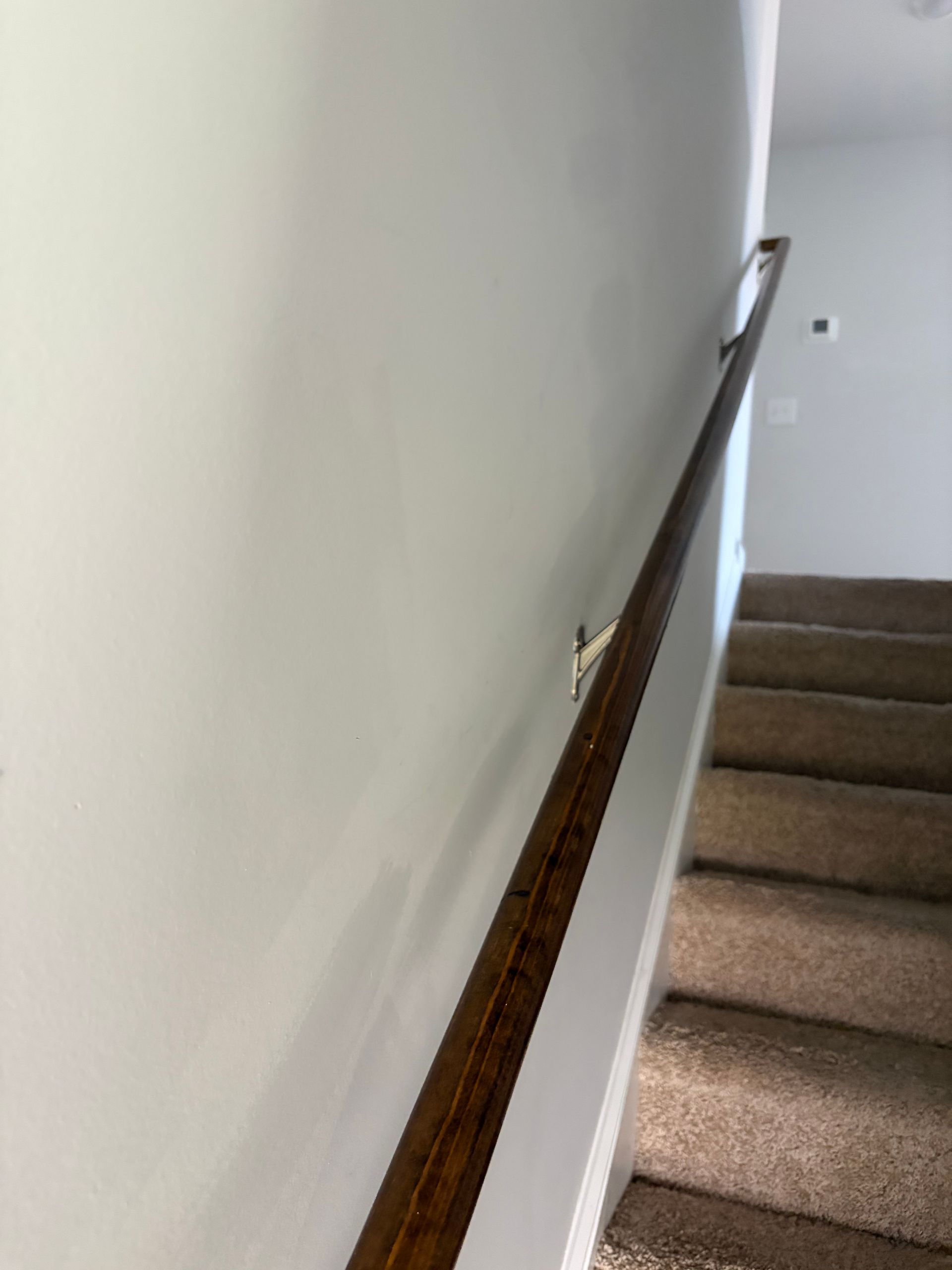 Carpeted staircase with wooden handrail along a white wall in a hallway