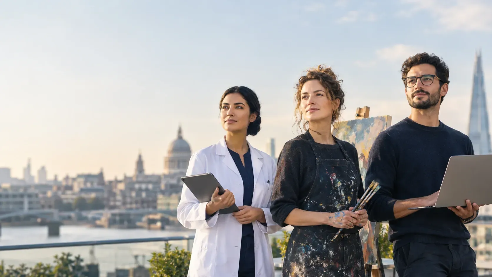 A researcher, an artist and a software engineer standing in front of the London skyline
