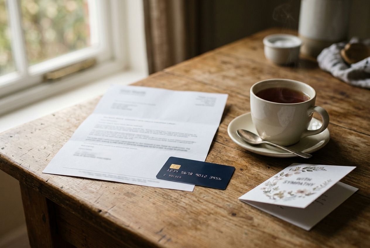 Bank letter and debit card on a table after a family bereavement
