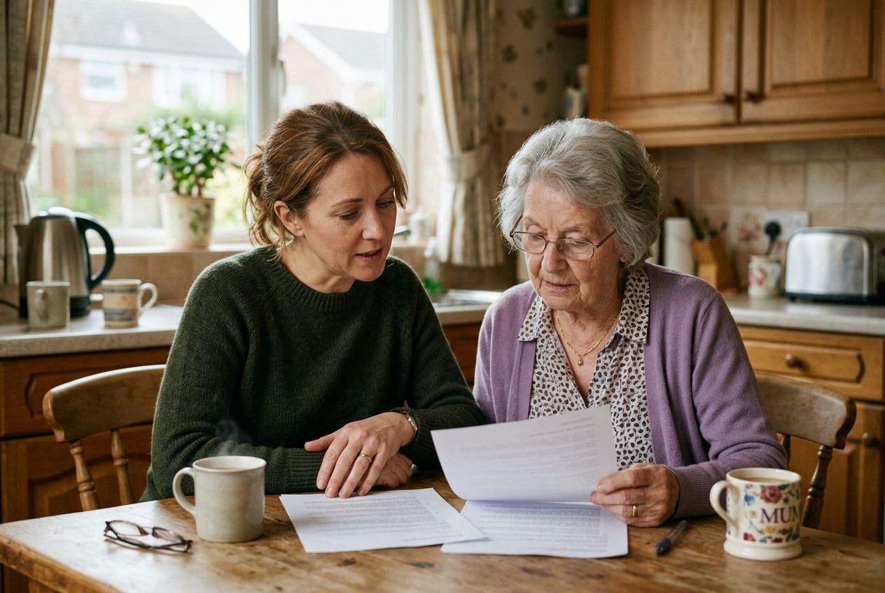 Adult daughter talking through a lasting power of attorney with her elderly mother