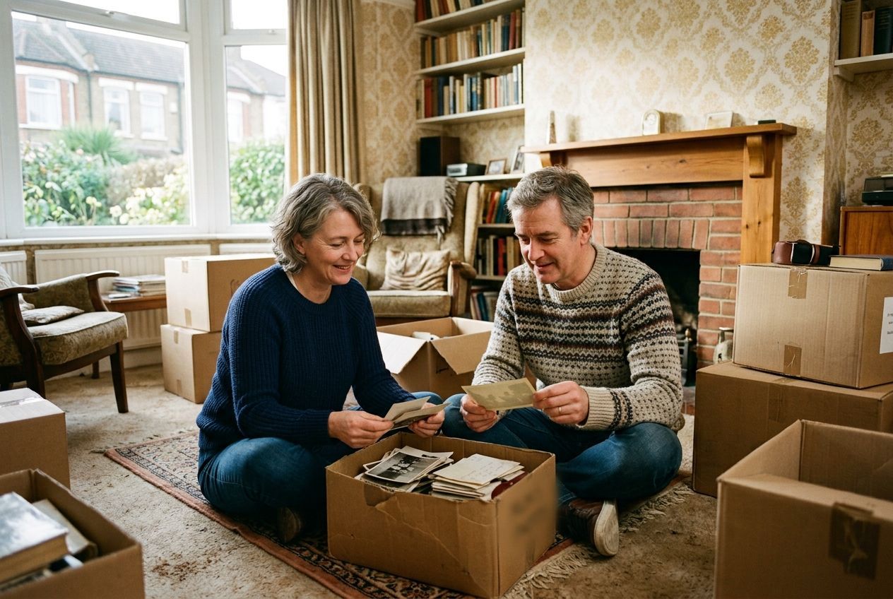 Family sorting a parent's belongings into boxes during a house clearance