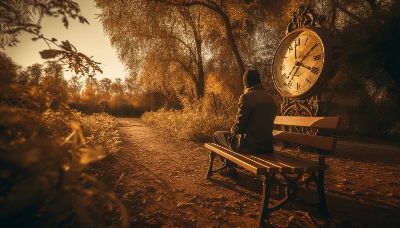 man waiting on a bench, watching the sunset peacefully