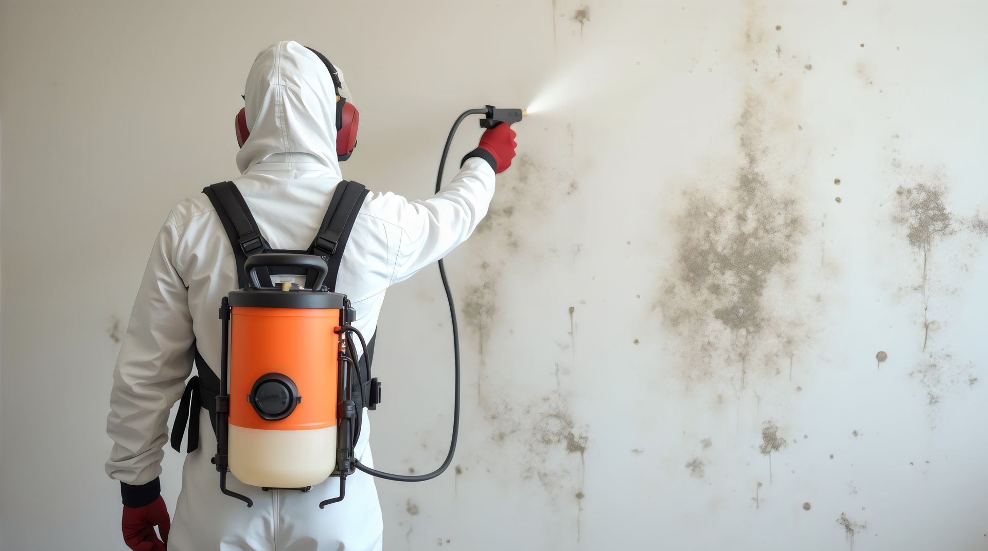 mold remediation service, a professional worker spraying products to remove mold before house painting