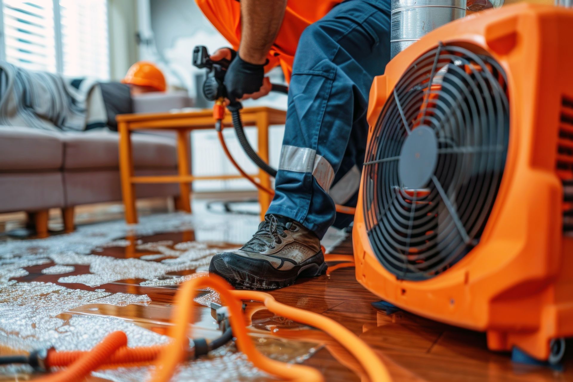 Worker using a blower to clear water and debris from a floor beside an orange fan dryer