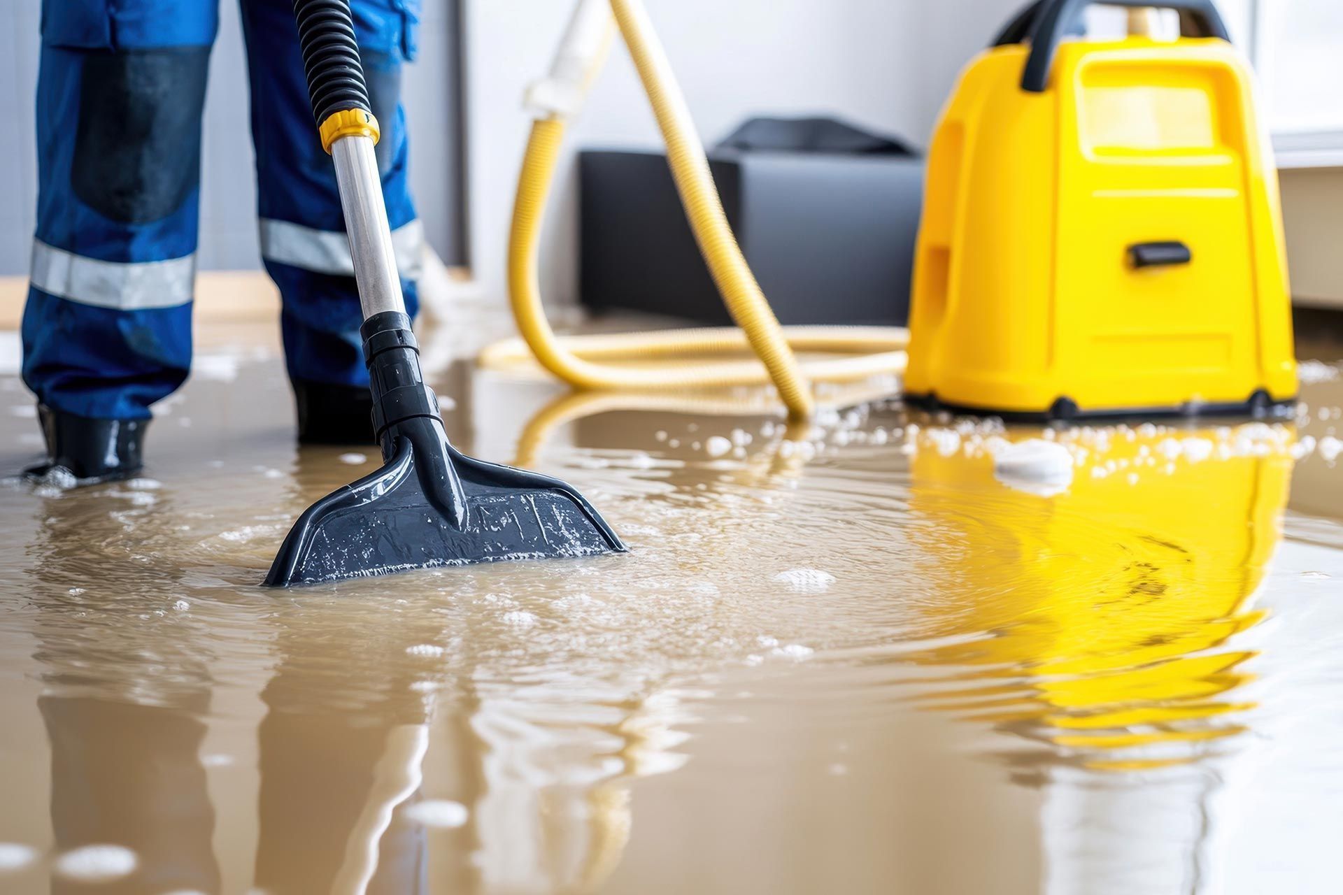 Technician extracting standing water from a flooded interior during an emergency water damage restoration service