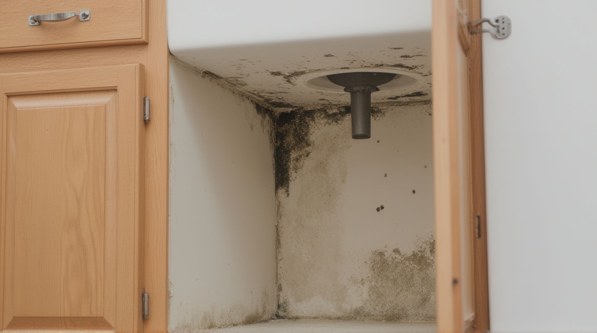 inside of a kitchen cabinet under a sink showing significant black mold growth on walls and ceiling