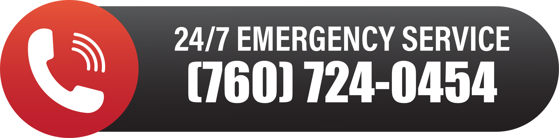 Red emergency phone icon with "24/7 EMERGENCY SERVICE" and phone number 760 724-0454 on a dark banner