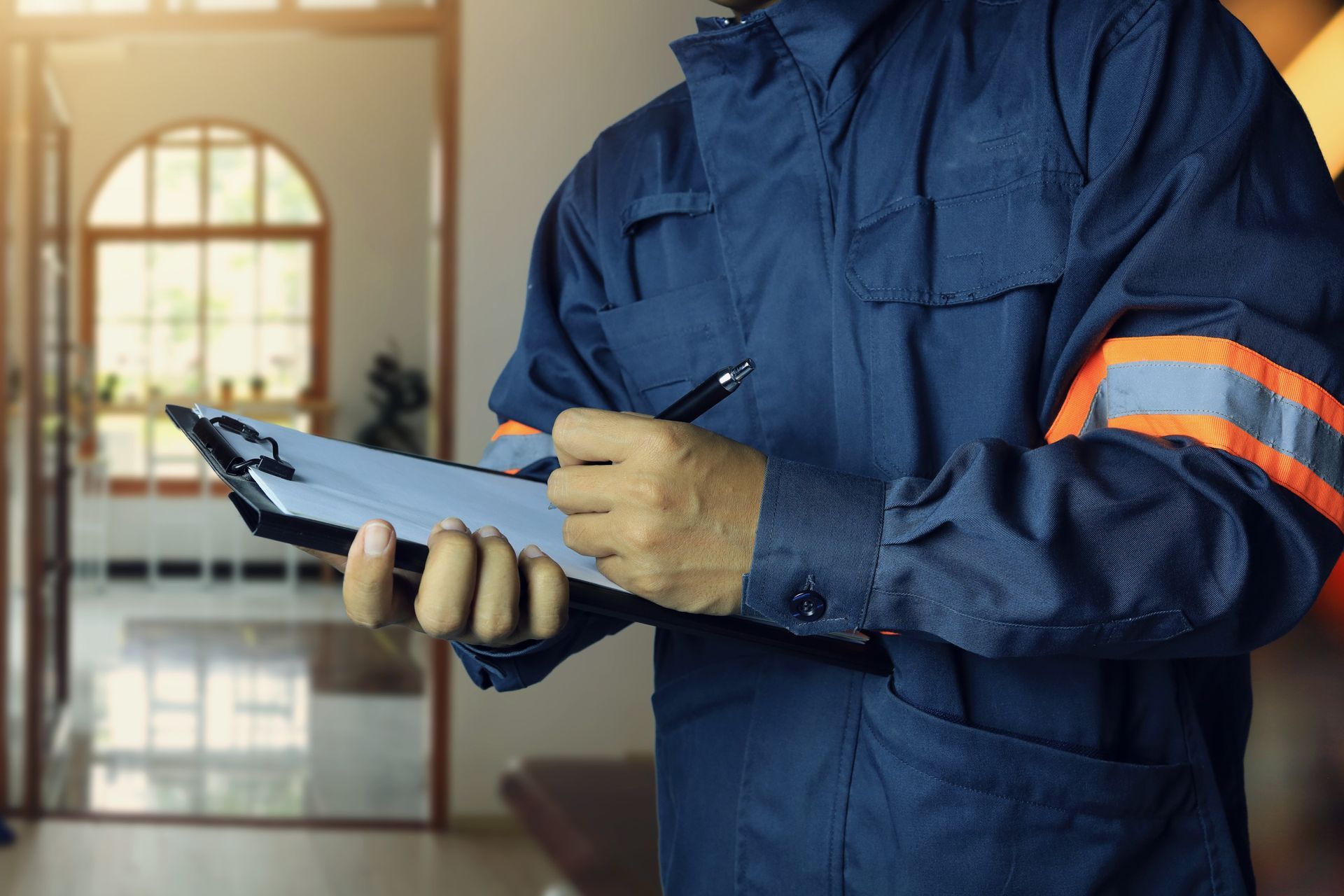 Worker in blue coveralls writing on a clipboard in an industrial hallway
