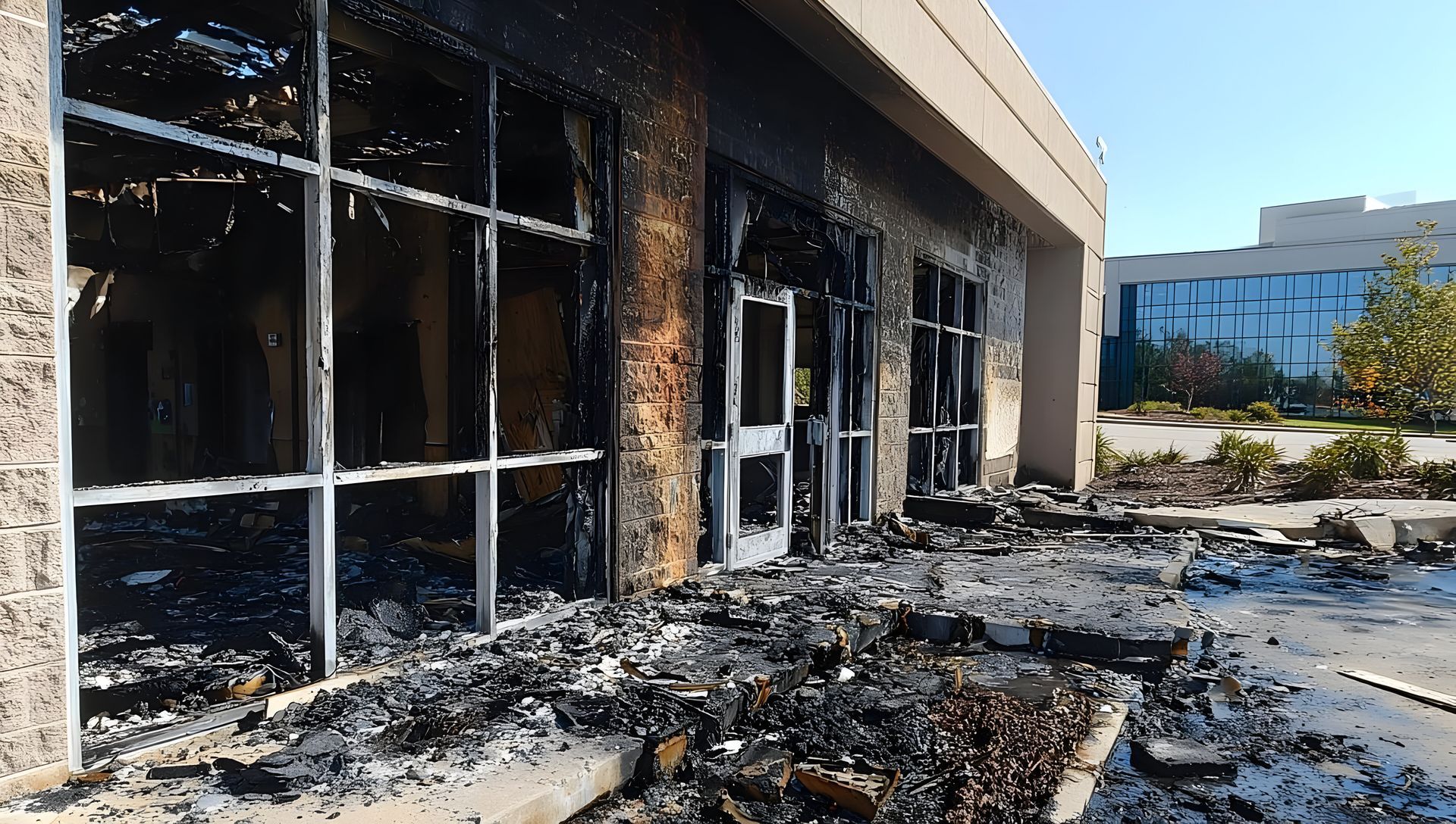 Charred storefront exterior with shattered windows and scorched debris after a fire