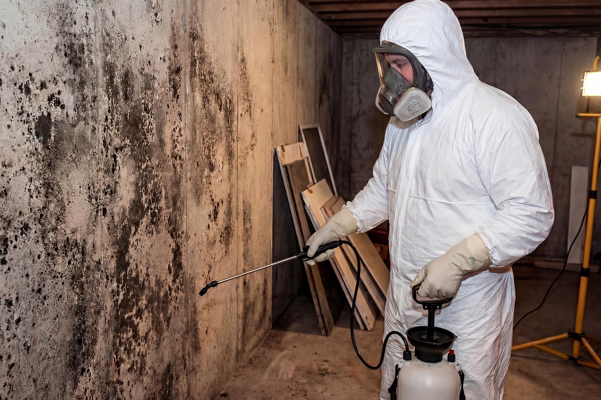 Mold remediation technician in a protective suit treating black mold on basement walls during a professional mold removal service