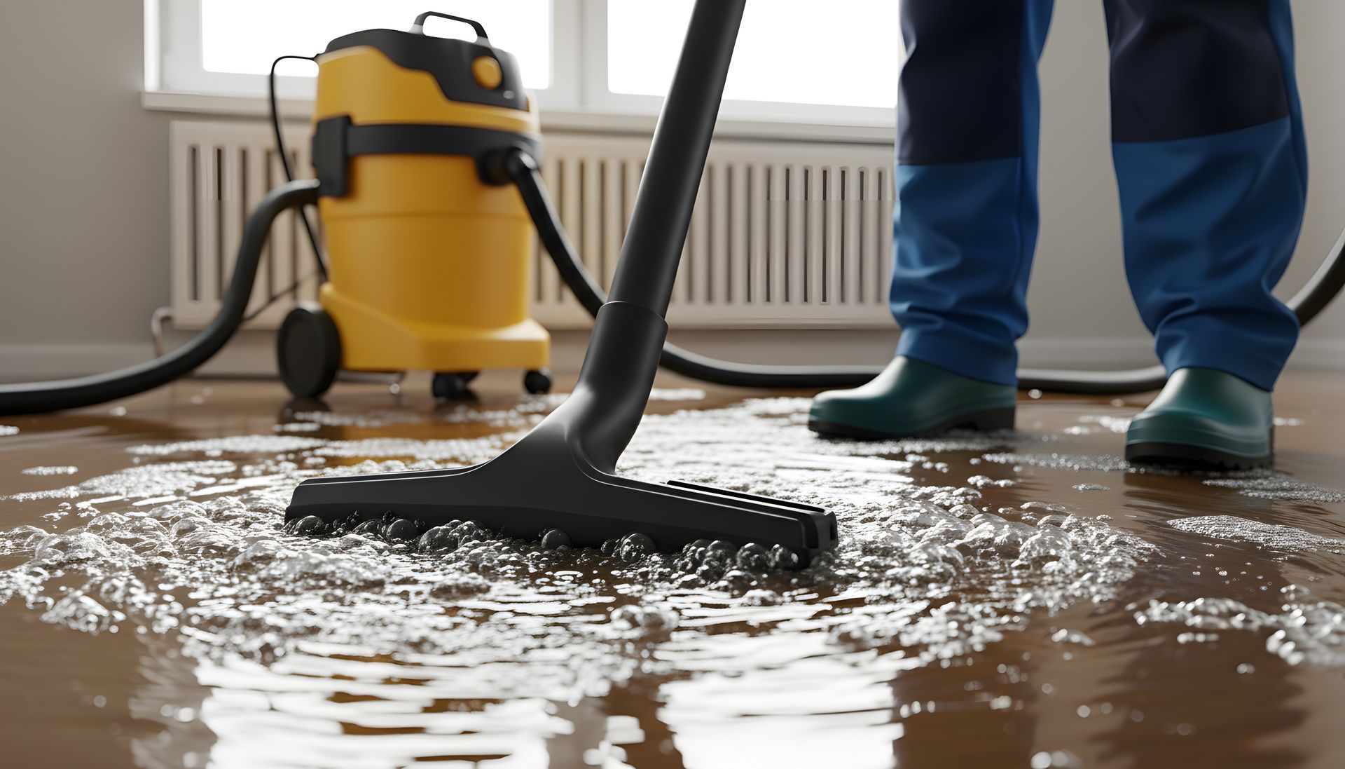 Person using a yellow wet vacuum cleaner to remove water from a flooded wooden floor for professional water damage restoration service Person using a yellow wet vacuum cleaner to remove water from a flooded wooden floor for professional water damage restoration service