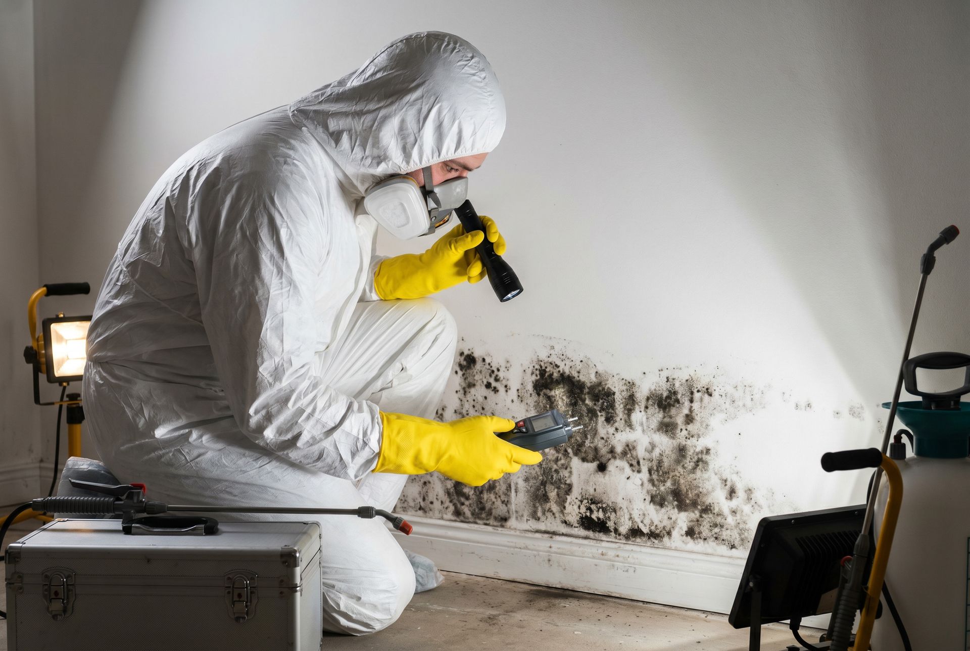 Professional mold remediation inspector in hazmat suit and respirator using a moisture meter and flashlight to examine toxic black mold on a basement wall Professional mold remediation inspector in hazmat suit and respirator using a moisture meter and flashlight to examine toxic black mold on a basement wall