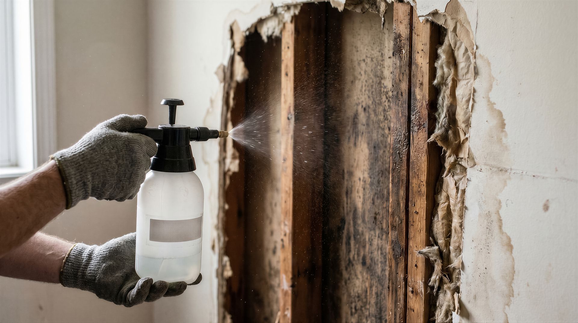 Person spraying mold remediation solution on damaged wooden wall studs inside a home
