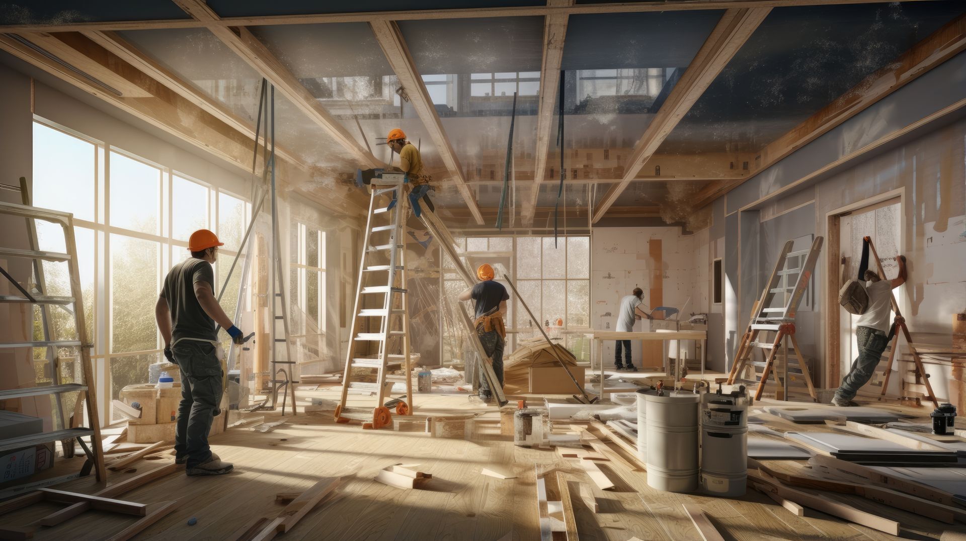 Construction crew working inside a sunlit unfinished room with ladders, tools, and exposed beams.