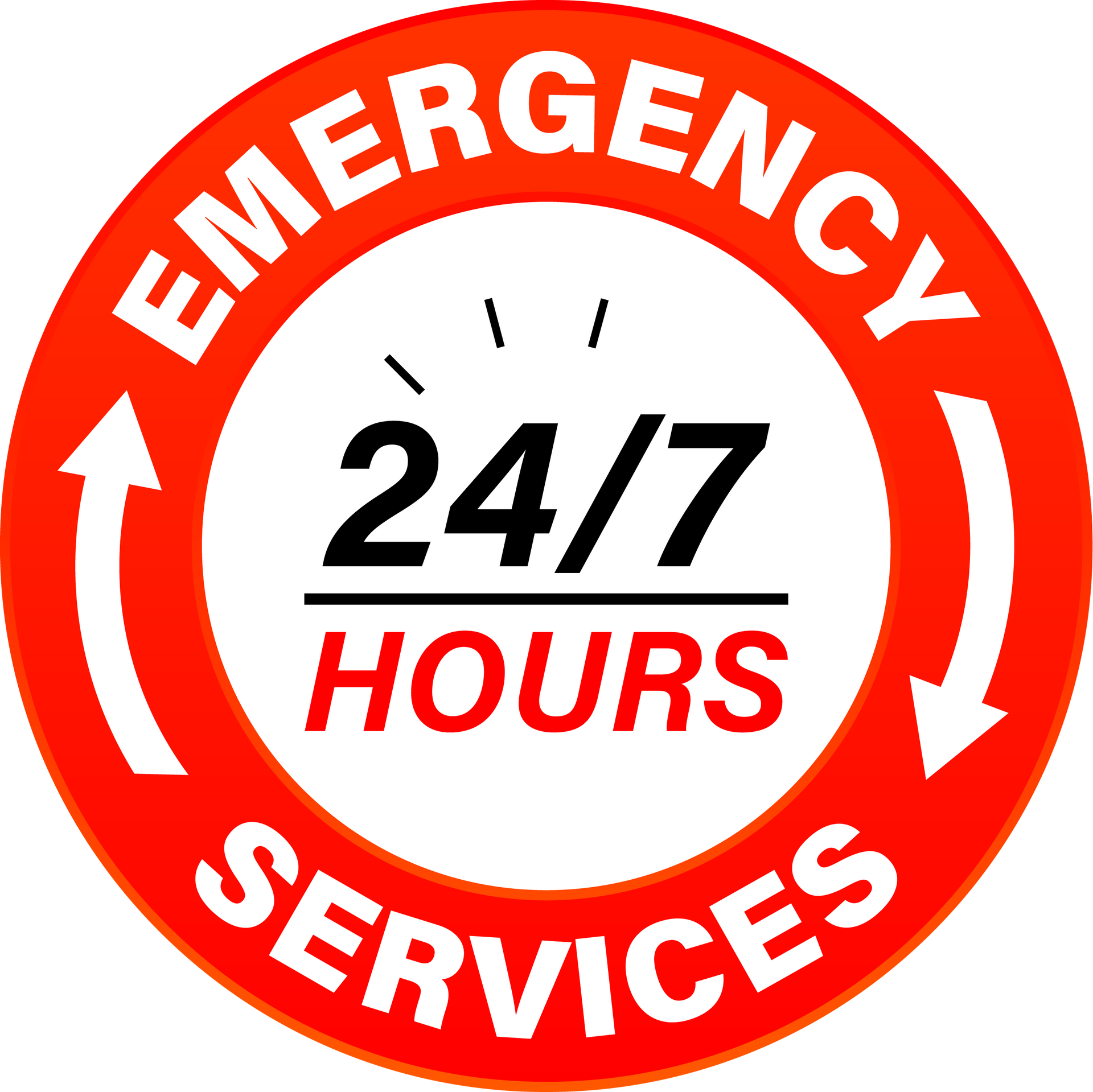 Red circular Emergency Services badge with 24/7 Hours text in white and red