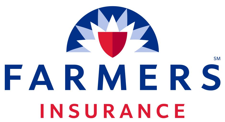 Farmers Insurance logo with blue emblem and red shield above the company name