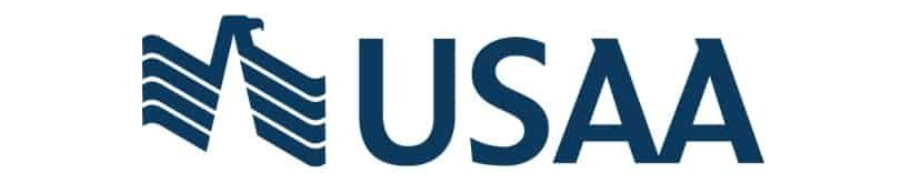 USAA logo in dark blue with stylized stripes and stars