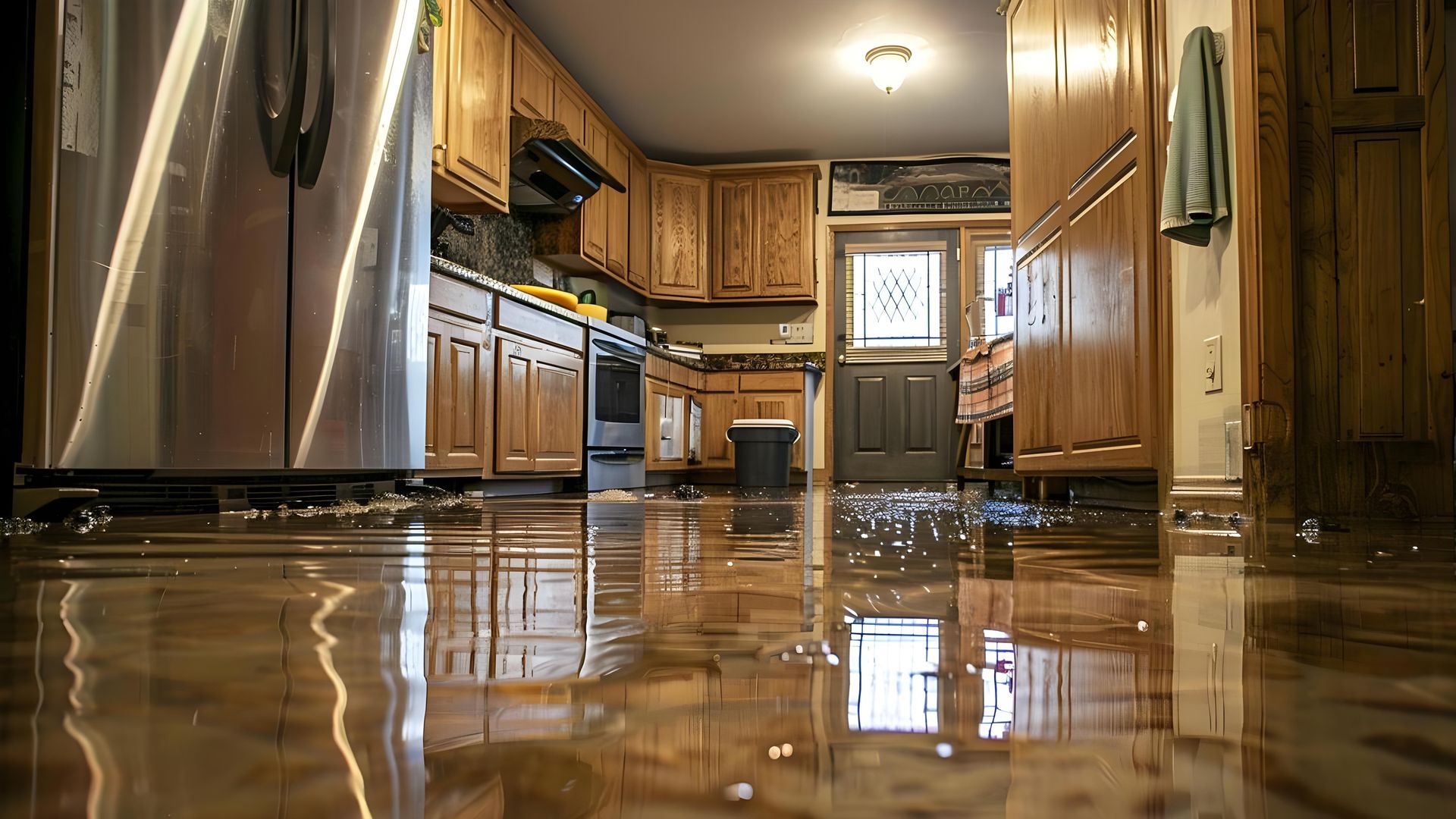 Modern kitchen with wooden cabinets and a glossy tiled floor reflecting the room.