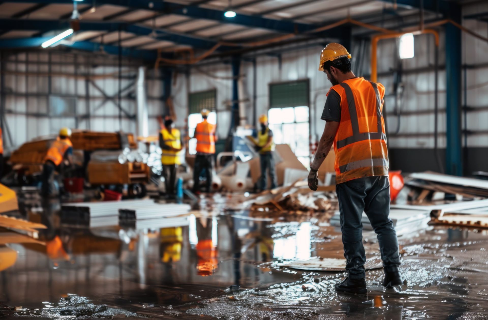 Workers in orange vests inspect flooded construction site with debris and reflections