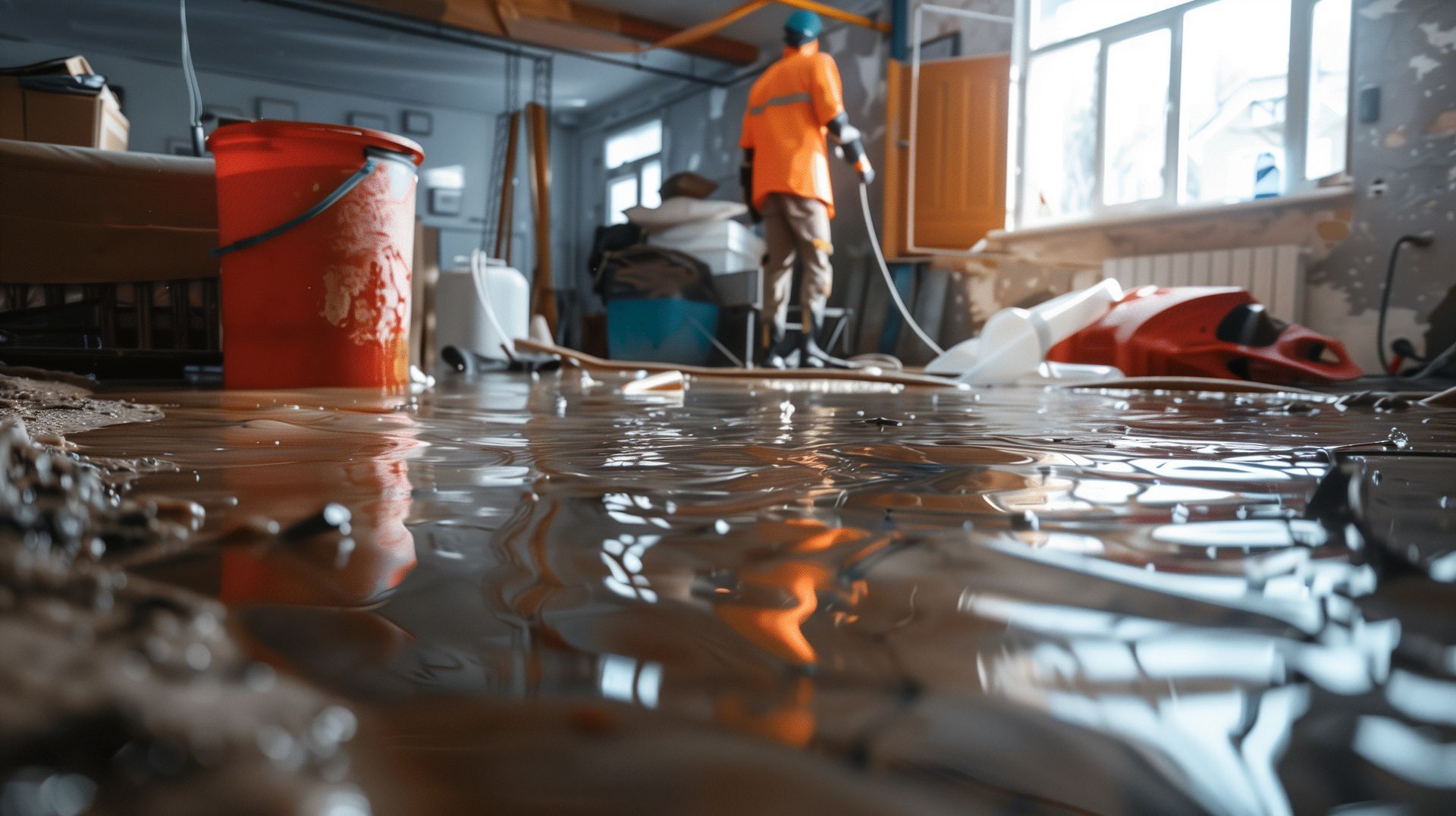 Worker cleaning floodwater in a workshop, with orange equipment and reflections on the wet floor