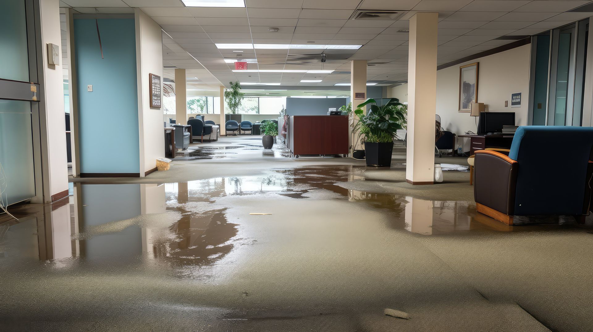 Flooded indoor hallway with standing water reflecting fluorescent lights and office furniture
