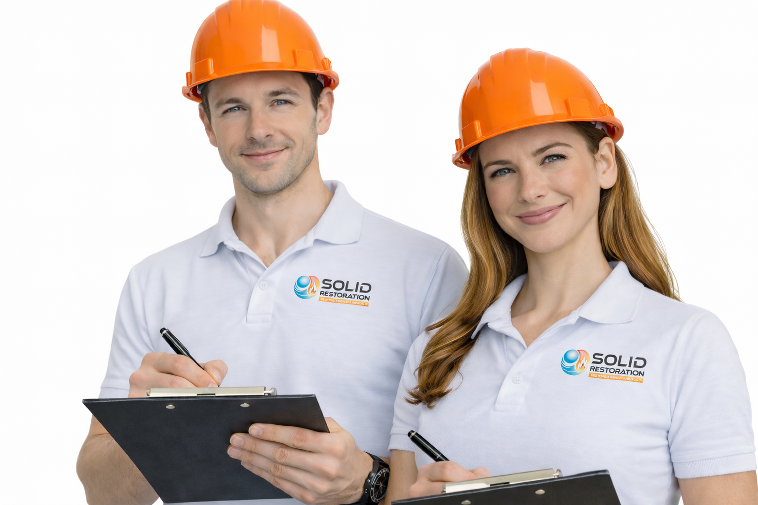Two construction workers in orange hard hats holding clipboards against a white background