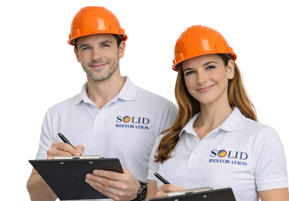 Two workers in orange hard hats holding clipboards, wearing SOLID Renovations shirts