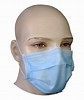A bald mannequin wearing a blue face mask.