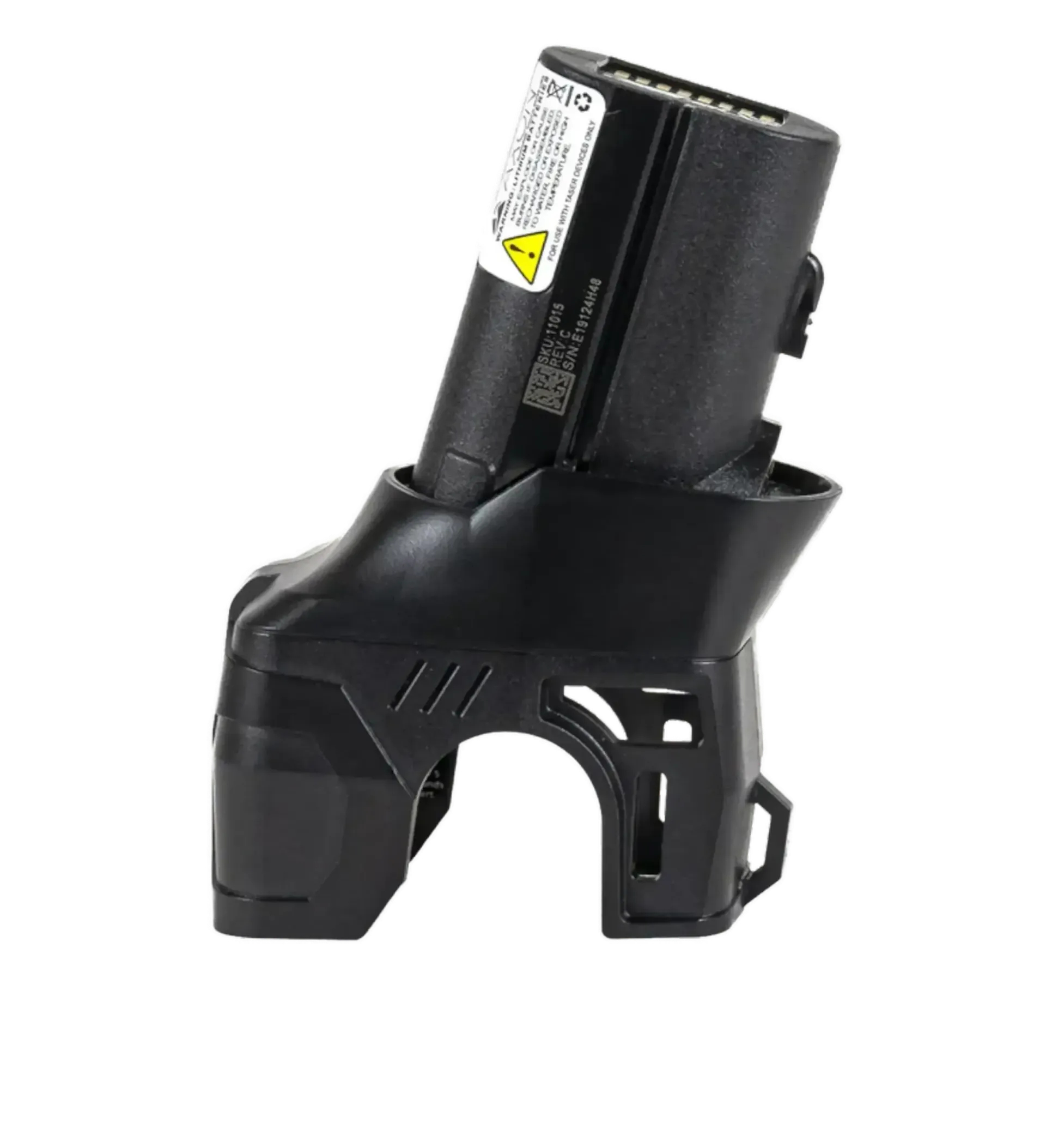 A black object with a battery attached to it on a white background.