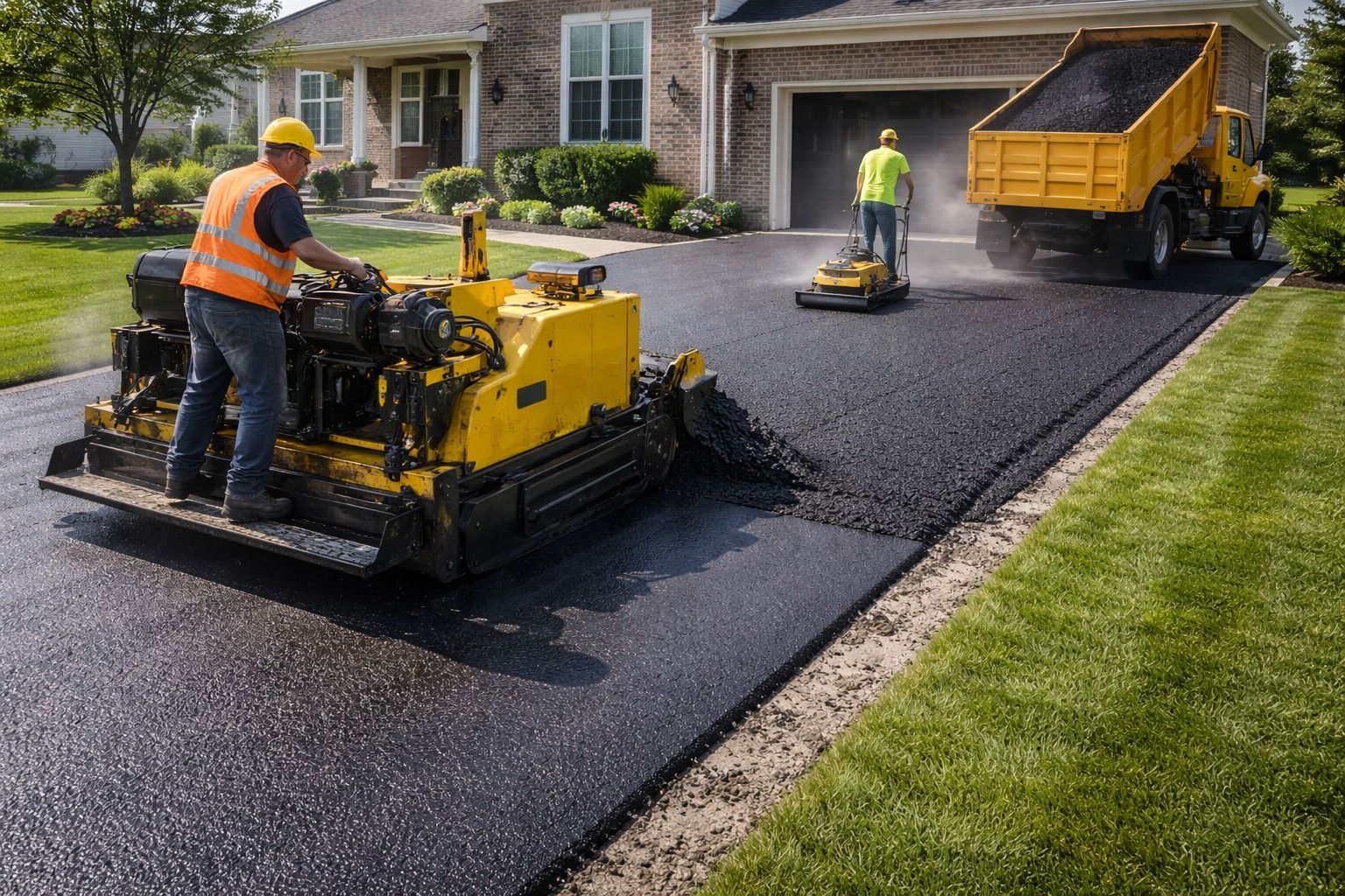 Road crew paving a driveway with asphalt rollers and a dump truck beside a suburban home