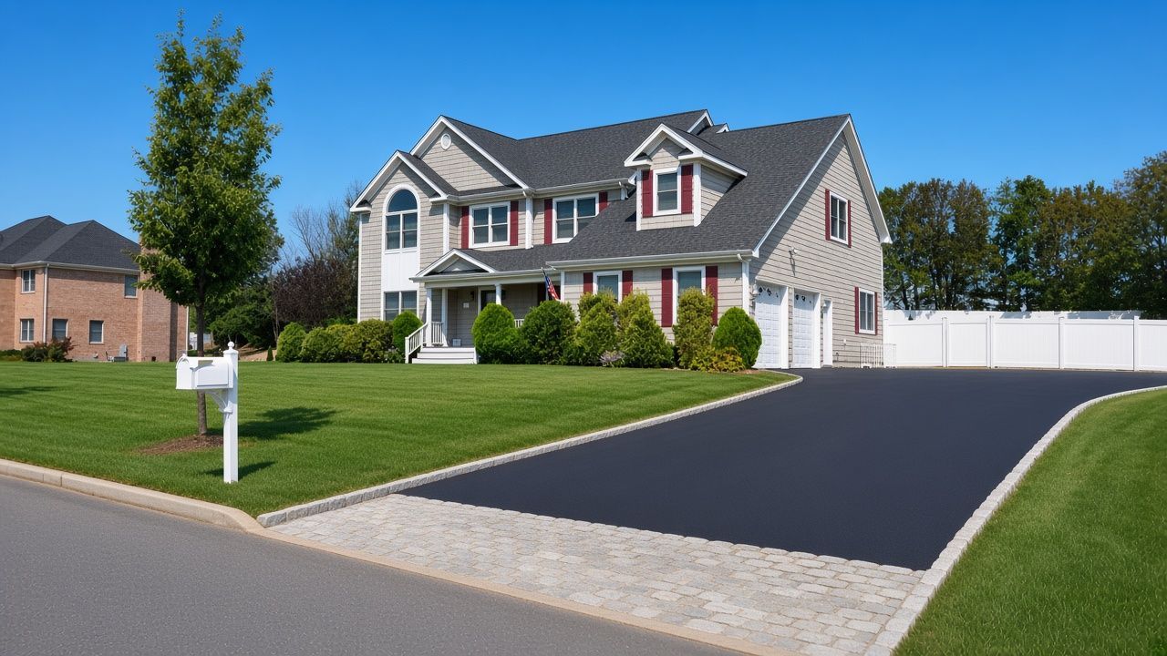 Suburban house with a dark driveway, white fence, green lawn, and a mailbox on a sunny day