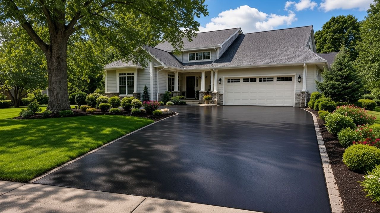 Suburban house with a black driveway, attached garage, and well-kept green lawn and landscaping