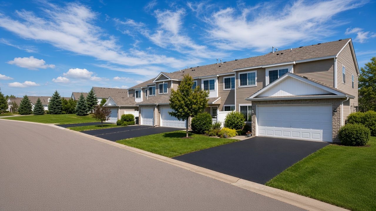 Suburban townhouses with attached garages along a quiet residential street under a blue sky