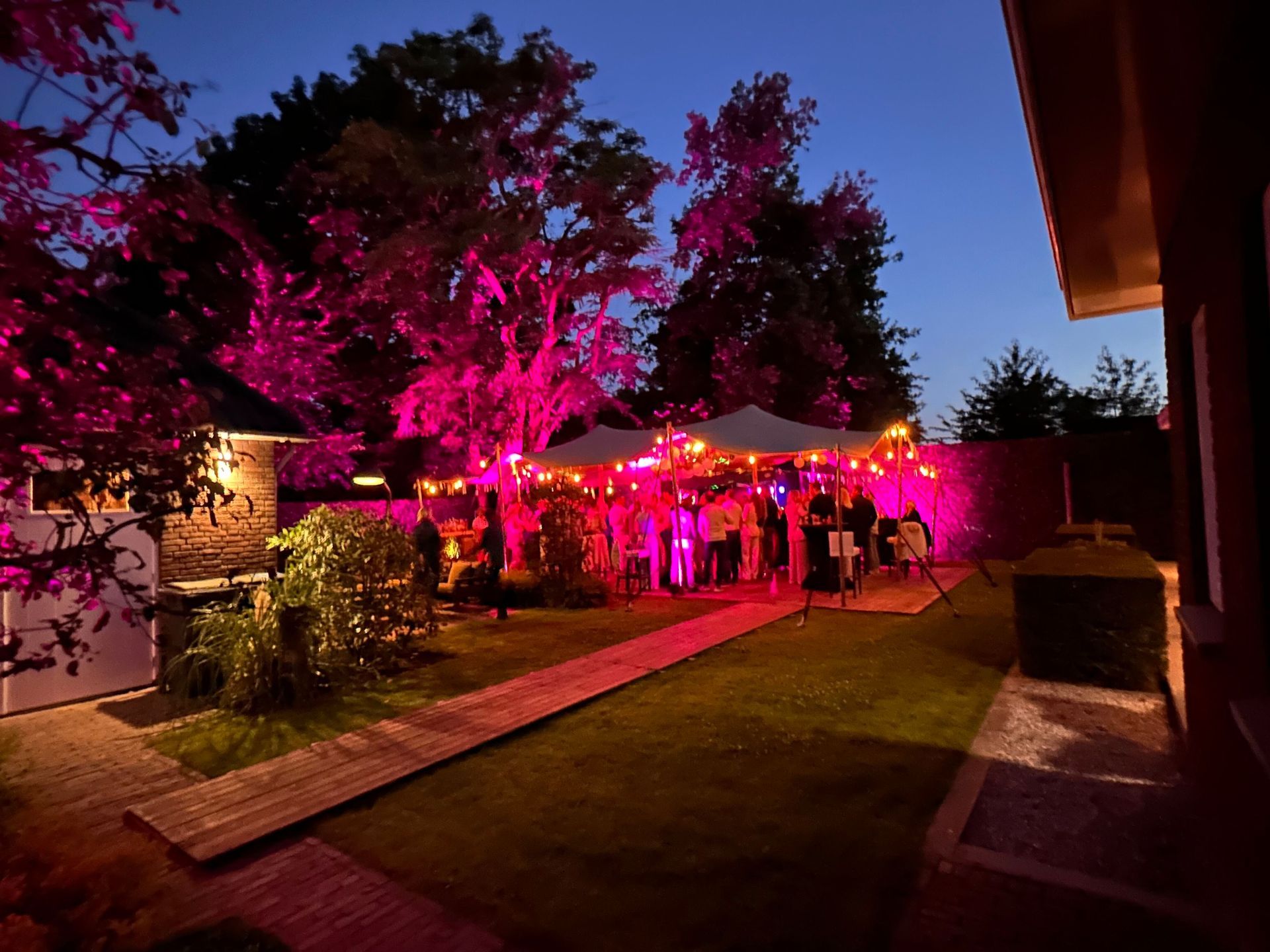 Een feesttent in de buitenlucht, verlicht met magenta, staat naast een gazon en een wandelpad in de schemering.