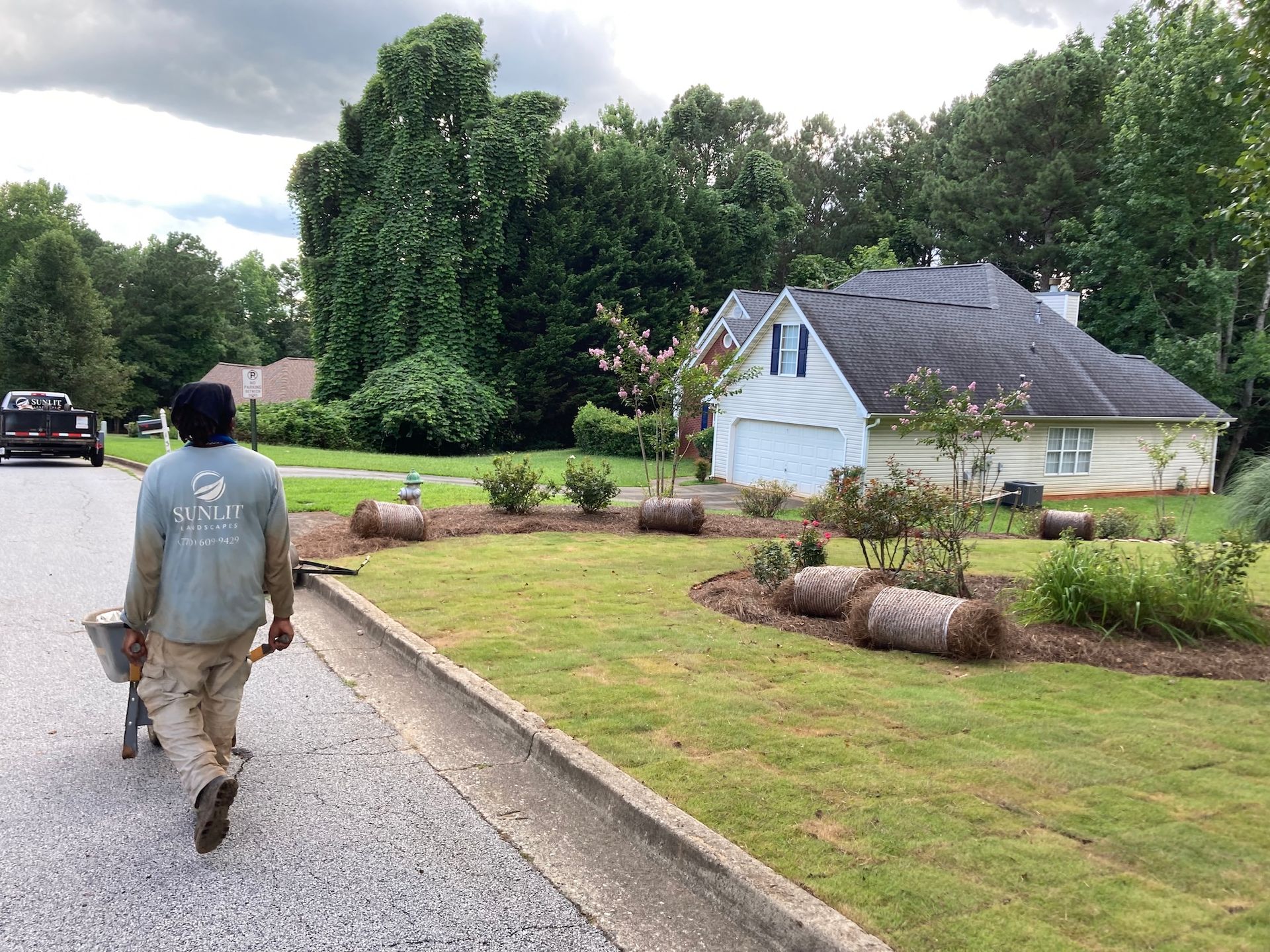Person walking with wheelbarrow along a street; landscaping in front of a house.