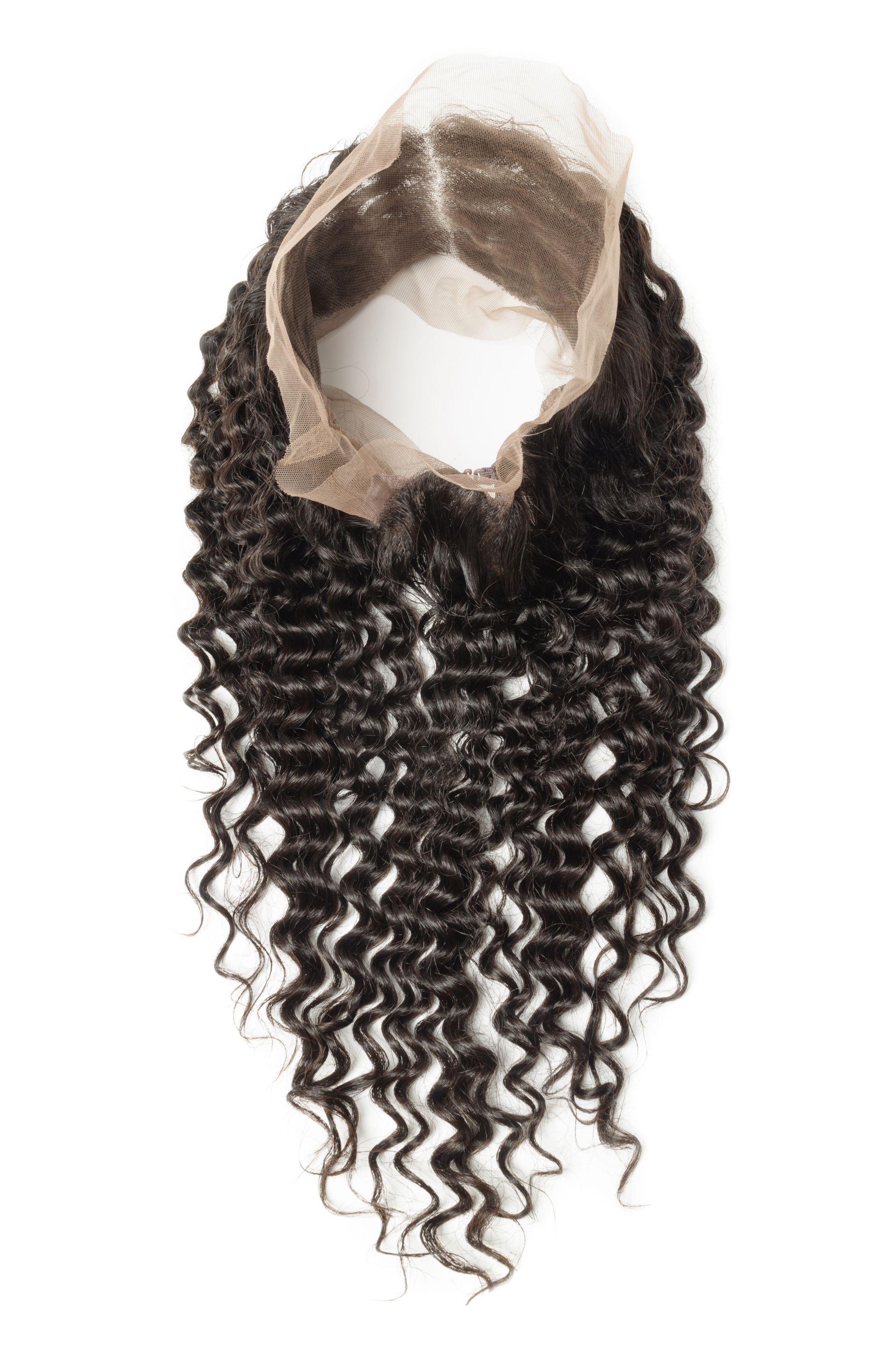Long curly dark wig with light brown highlighted lace front on white background