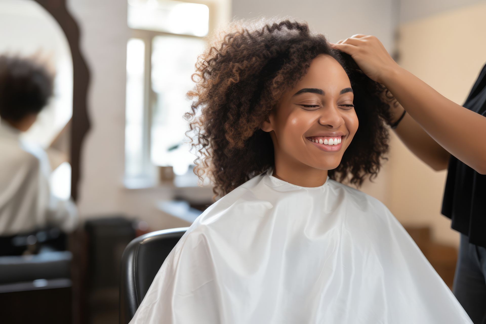 Smiling person in a salon chair during a haircut, wearing a white cape. Smiling person in a salon chair during a haircut, wearing a white cape.