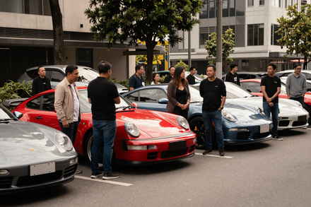Filipino Porsche club gathering near parked Porsches