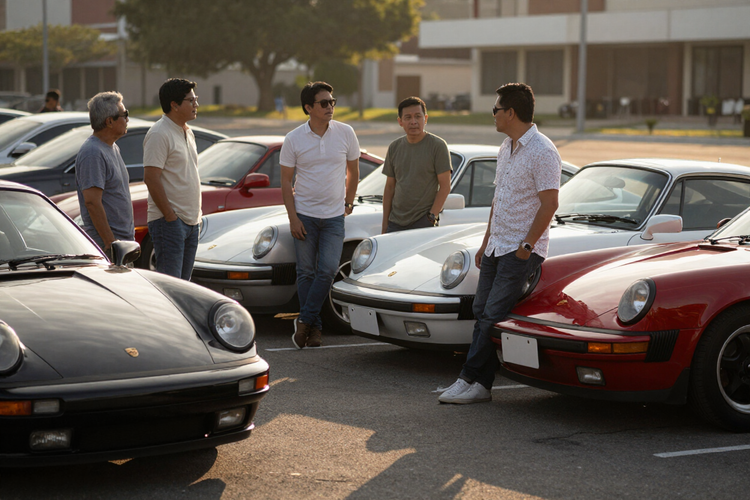 Filipino Porsche owners chatting beside parked Porsches