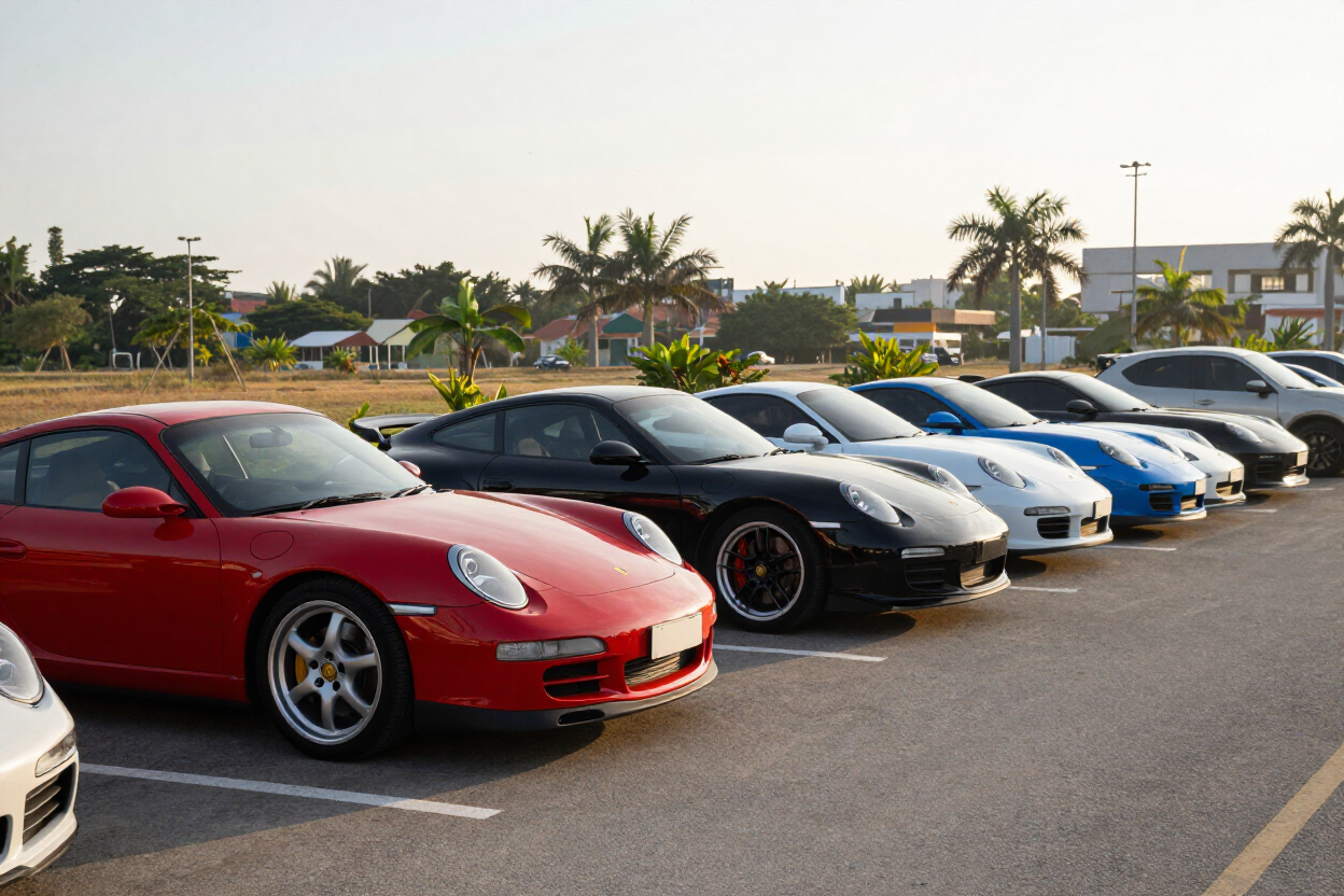 Porsche lineup at a morning meet