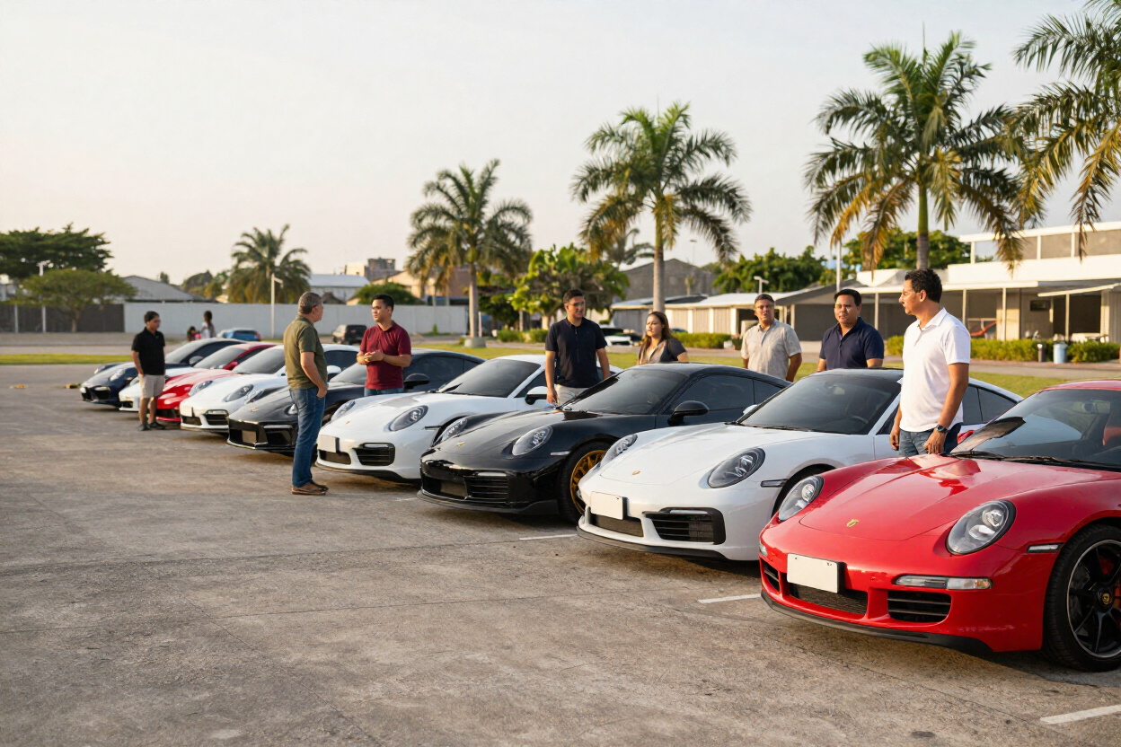 Porsche club gathering with owners arriving and conversing