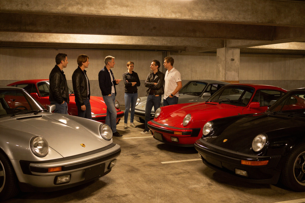 Members talking beside cars in a covered venue