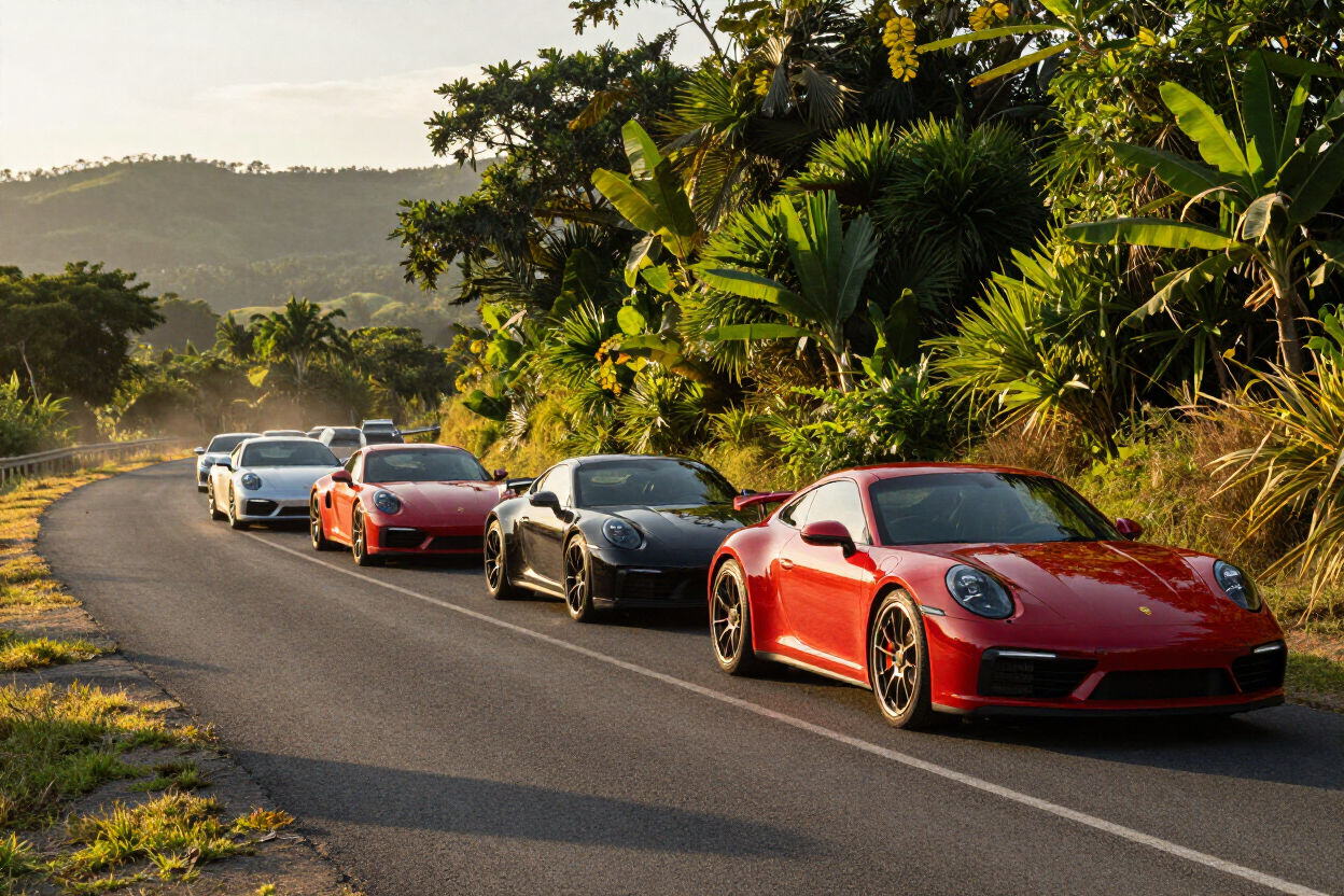 Porsche cars parked against a local landscape