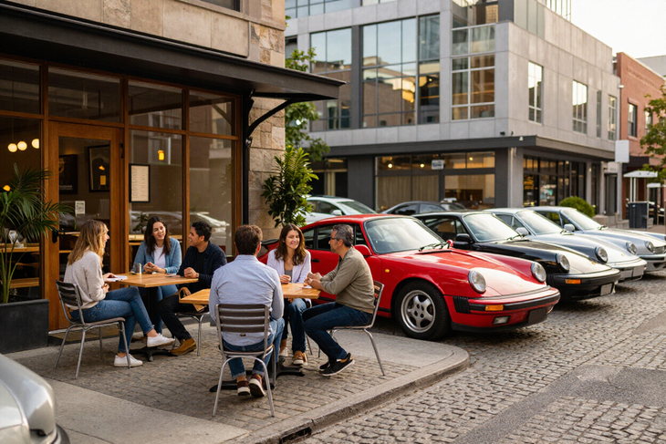 Urban cafe meet with parked Porsche cars