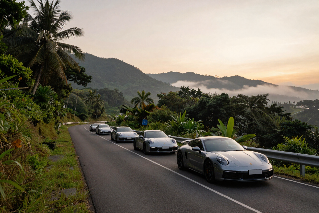 Sunrise Porsche convoy on a mountain road