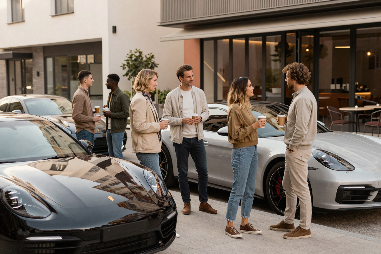 City coffee meet with parked Porsche cars