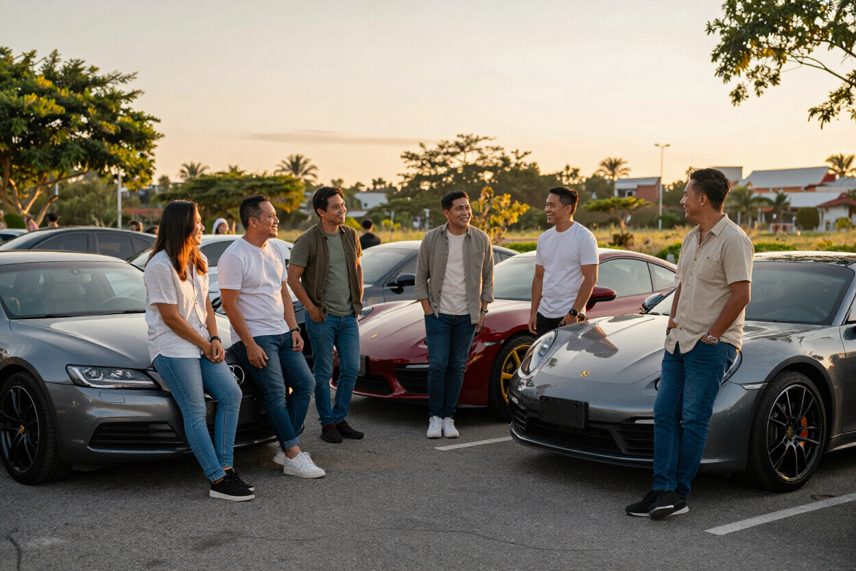 Filipino Porsche owners gathering at golden hour