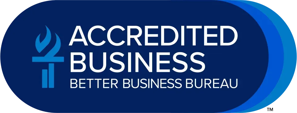 Accredited Business Better Business Bureau blue certification logo with torch icon